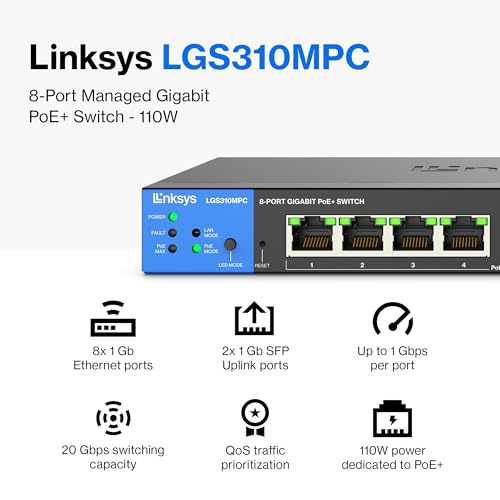 Image of Linksys LGS310MPC 8 Port Gigabit Network PoE+ Switch @ 110W with 2 Uplink Gigabit SFP Slots - Advanced Security, QoS, Static Routing, VLAN, IGMP Features - Metal Housing, Desktop / Wall Mount