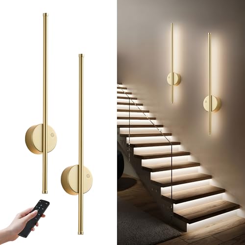 Image of KARTOOSH Gold Battery Operated Wall Sconce Set of Two with Motion Sensor | Rechargeable Wireless Wall Lights with Remote Control, Dimmable, 3000K /4000K /6000K, Timer for Living Room, Hallway,23.6 Inch