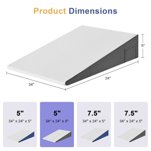 Yojoker Extra-Long Wedge Pillow, 34" Bed Incline Cushion for Sleeping, Back & Arm Support, After Surgery, Acid Reflux, Snoring Relief, Foam Triangle Pillow, Removable Washable Cover, 5" White Gray — view 2