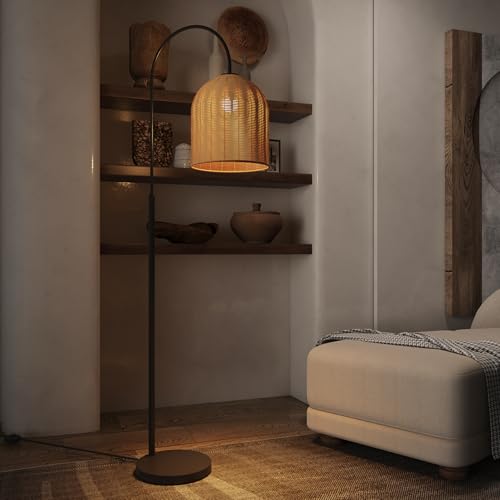 Image of Rattan Floor Lamp, 66in. Boho Floor Lamp with Natural Brown Rattan Shade, Rustic Arc Standing Lamp for Coastal, Beach or Bohemian Style Decor (Coastal-Black)