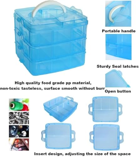 Image of UCRAVO 18 Grid Square Storage Box, Blue, 10 cm x 10 cm x 10 cm, 3-Layer Jewelry & Toy Organizer, Transparent Plastic, Multi-Purpose