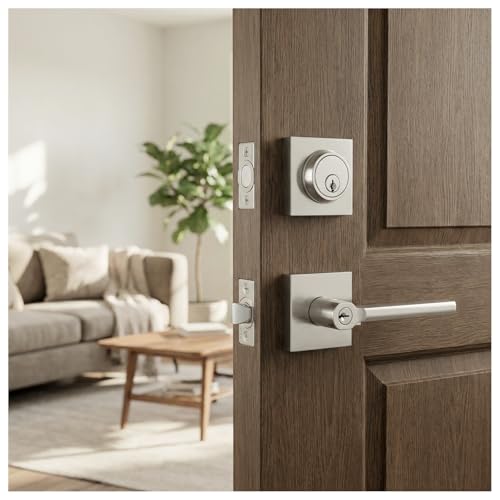Image of Nuk3y Hulk Series Lever Door Handle Slim Square Modern Contemporary Lever Set (Entry & Deadbolt Combo [Keyed Alike], Satin Nickel)