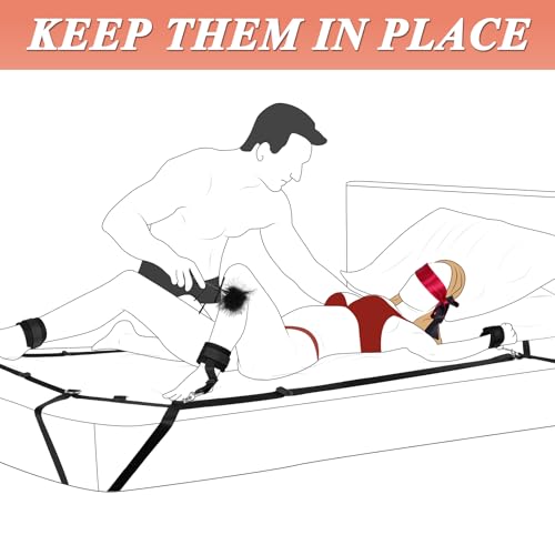 Image of Sex Bondage BDSM Kit Bed Restraints Set Sex Toys Super Easy Install Straps | Fit for Thicker Mattress, Handcuffs Ankle Cuff Blindfold Feather Tickler, for Adult Coupes Bedroom Kinkly Pleasure
