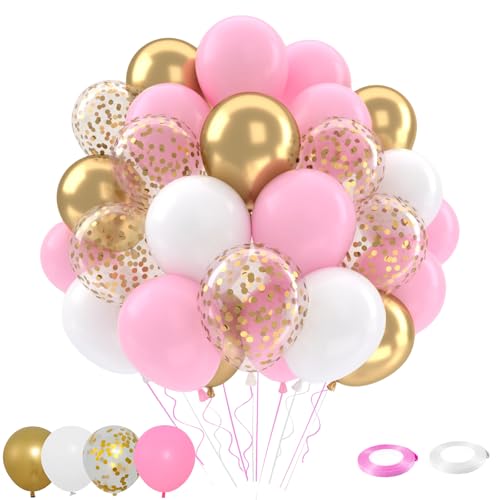 Patimate W6302 Pink Gold Confetti Balloons Set, 50 Pcs 12 Inch Metallic Gold Pastel Pink White Confetti Latex Balloons Kit For Birthday Baby Shower Girl Princess Party Decorations cover