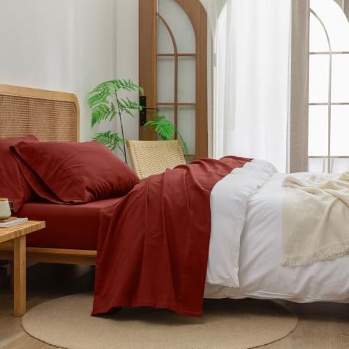 BESTOUCH 100% Washed Cotton Linen Feel Sheet Set, Fired Brick Red Cal King