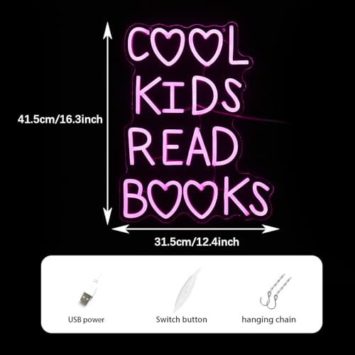 Image of Cool Kids Read Books Neon Sign Dimmable USB Powered Classroom Neon Light for Wall Decor Pink Led Read Books Light Up Sign for Kids Room Reading Room Library Bookstore(16.3 * 12.4In)