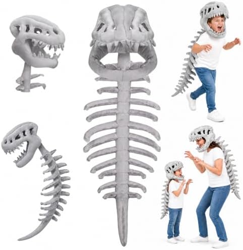 Wmbzxh 31.5in Dinosaur Skeleton Plush Costume, Soft 3D Spinosaurus Skull Headpiece with Spine Back Piece Outfit for Kids, Dino Snug Cosplay & Dress-Up Play for Halloween, My Cozy Dino (Gray)