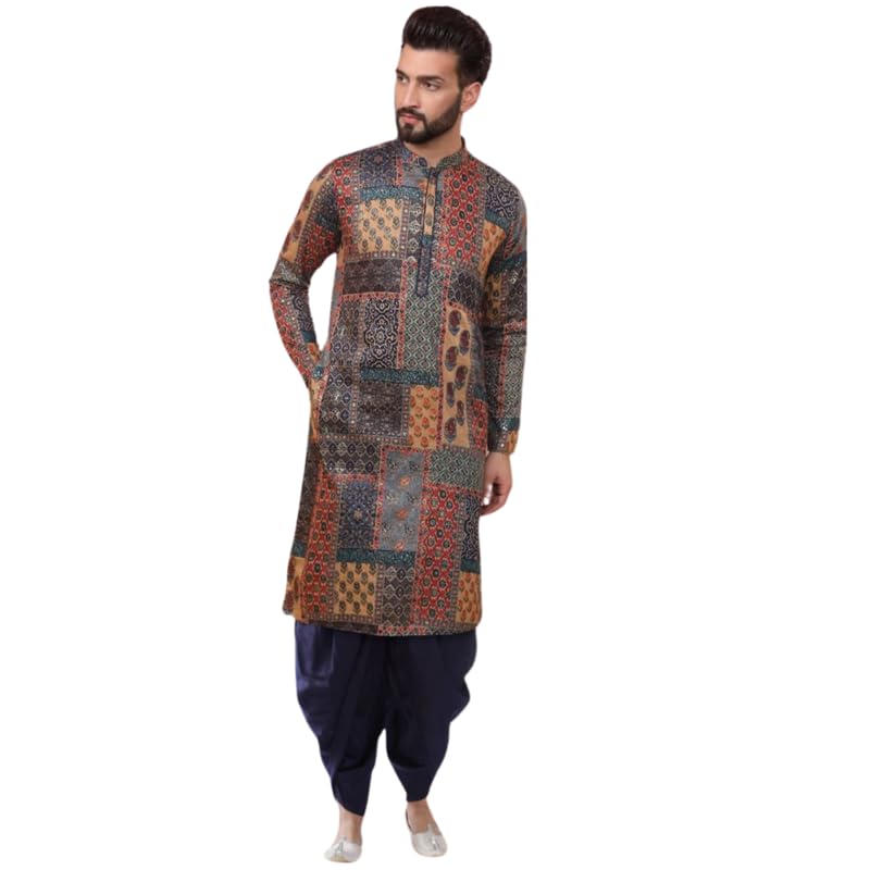 Image of KISAH Men's Kurta Dhoti Set, Multi Cotton Blend, Printed Mandarin Collar Regular Fit Long Sleeves, 44