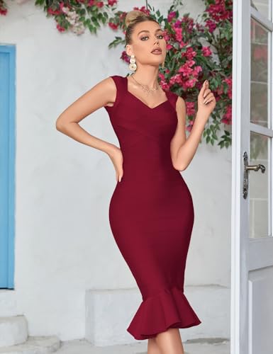 Image of Shoulder Strap Sleeveless Fishtail Midi Bandage Dress for Women Bodycon Club Party Evening Dresses