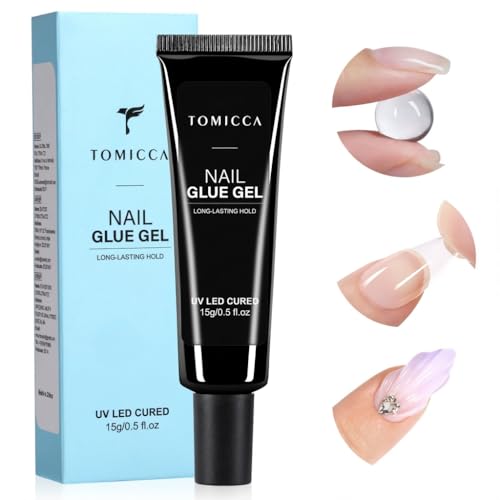 TOMICCA 4-in-1 Solid Gel Nail Glue for Press On Nails, Super Strong Hold Clear Adhesive, UV/LED Gel, Long Lasting, 15g for DIY & Salon Use