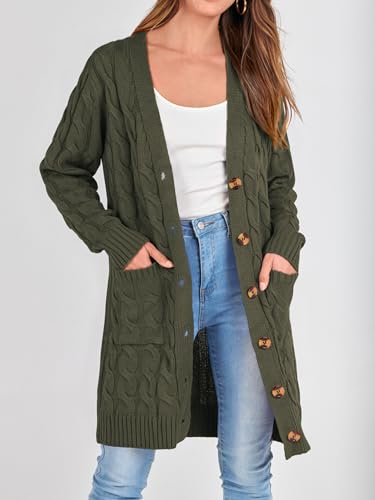 Image of PRETTYGARDEN Long Sleeve Cable Knit Long Cardigan for Women 2026 Spring Winter Chunky Open Front Button Sweaters with Pockets