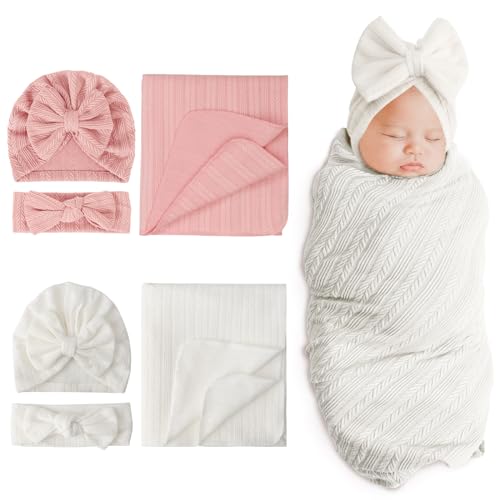 Image of DRESHOW BQUBO Newborn Receiving Blanket Headband Hat Set for Baby, Unisex Baby Boys Girls Essentials, Newborn Registry Must Haves, Stroller Crib Shower Gifts