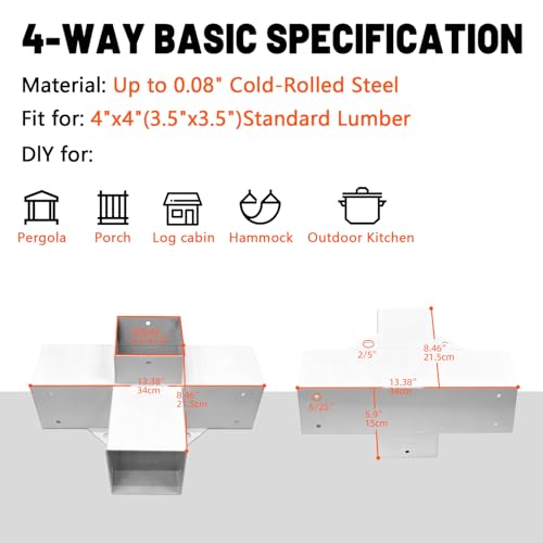 Image of 2Pack 4-Way Pergola DIY Bracket Kit,White Heavy Duty Right Angle Corner Brackets with Screws for 4 inchx4 inch(Actal:3.5 inchx3.5 inch) Wood Beams for Outdoor Pavilion,Kitchen,Porch,Hammock,Hunt Cabin
