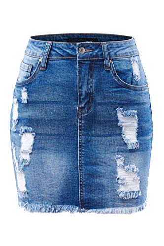 FashionMille Women Popular Mid Waisted Stretch Comfy Denim Mini Skirt w Pockets
