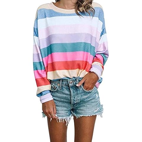 QUEENIE VISCONTI Women Long Sleeve Tops - Oversized Rainbow Striped Tunics Blouses T Shirt Pullover Sweatshirt S Cover