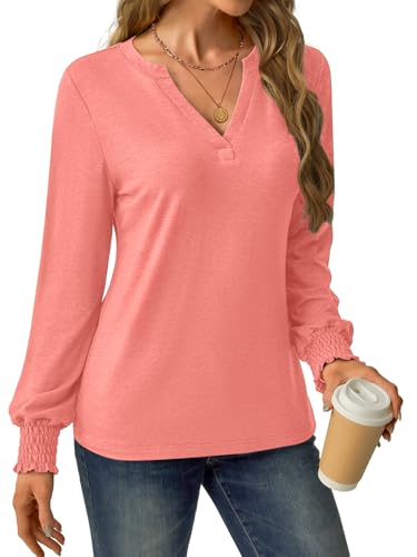 Womens Long Sleeve Shirts Fall Tops V Neck Business Dressy Casual Blouses with Smocked Cuffs2