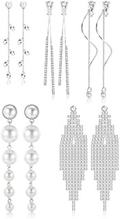 CASSIECA 5 Pairs Clip on Earrings for Women Girls Drop Earrings Fashion Long Tassel Earrings Statement Rhinestone Pearl CZ Dangle Earrings Non Pierced Ears Chain Earrings Set Jewelry for Wedding Prom