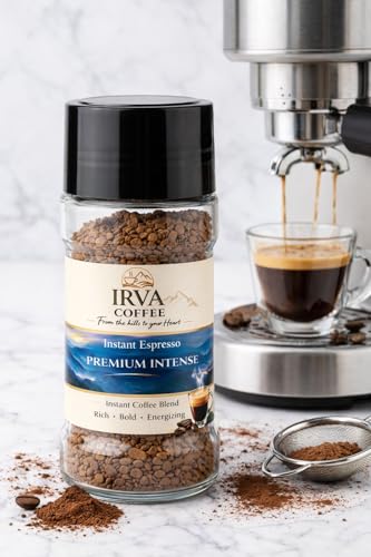 Image of IRVA Premium Intense | Strong & Bold Freeze-Dried Instant Coffee | Rich Aroma, Deep Flavor | Black or Milk based strong coffee | Crafted for Power-Packed Days - Work, Workouts, Creativity & Outdoors | Boardroom Deals to Outdoor Shoots to Workout Goals | 100g | 40-50 Cups