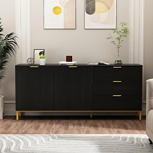 Ecacad Sideboard Buffet Storage Cabinet With Doors & Drawers, Kitchen Cupboard Cabinet With Storage Compartments & Gold Metal Legs, Black (62.9”W X 15.7”D X 27.5”H) #TOP9