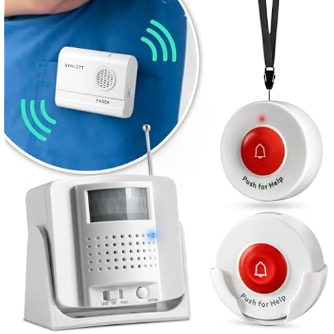 SYNLETT Caregiver Pager Wireless Call Buttons Motion Sensor Alarm Indoor for Elderly Monitoring Fall Prevention Bed Alarm Alert System Portable Nurse Call for Seniors Dementia Patients Emergency Cover