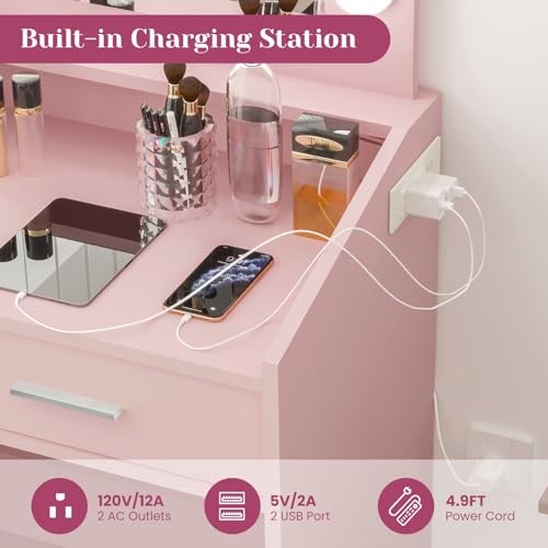 GarveeHome Vanity Desk with Mirror and Lights, Makeup Vanity with Power Outlet & Cushioned Stool, 3 Lighting Modes Adjustable Brightness, Dressing Table with Hairdryer Holder for Bedroom, Pink