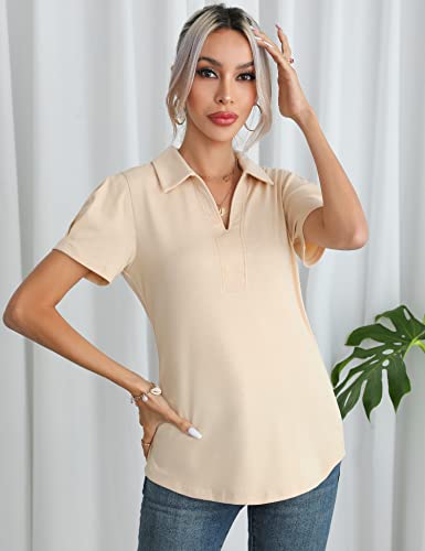 Zhenwei Short Sleeve Summer Shirts Women V Neck Collared Polo Tunic Tops Work Blouse,Apricot,S #TOP1