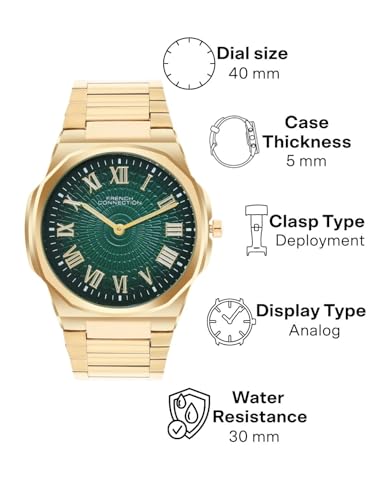 Image of French Connection Textured Green Round Dial with Gold Stainless Steel Strap Watch for Mens - FCN0125GM