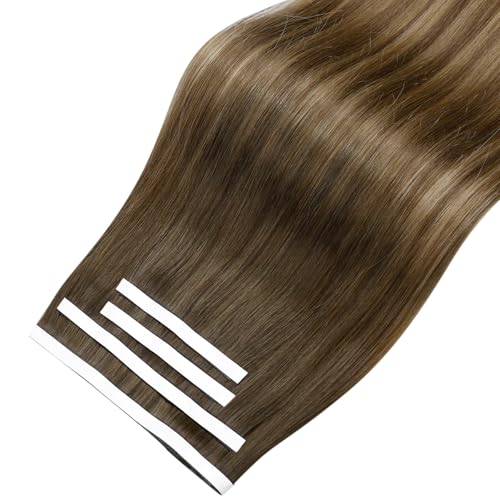 Image of LaaVoo Weft Tape Hair Extensions Medium Brown to Golden Brown Tape on Extensions Balayage Human Hair Tape in Weft Extensions 120g 20inch 4pcs