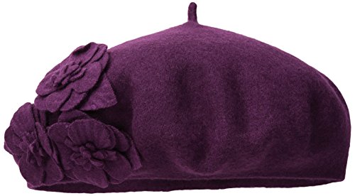 San Diego Hat Company Women's Wool Beret Hat with Self Flowers, Berry, One Size