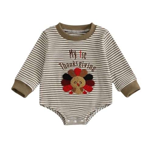 Image of Giraropa My First Thanksgiving Baby Boy Outfit Smocked Bubble Romper Ruffle Jumpsuit Cute Newborn Infant Fall Winter Clothes