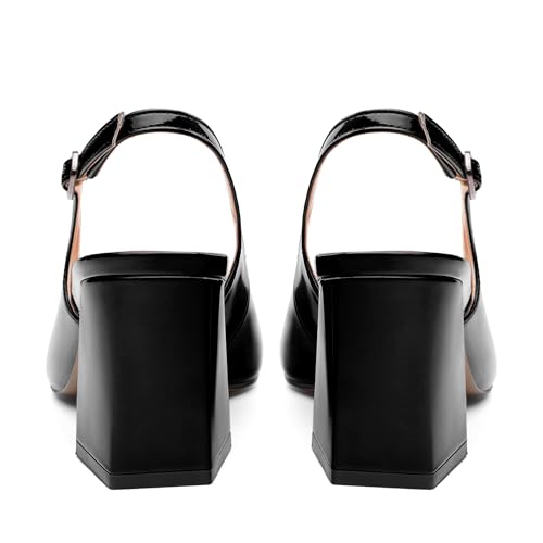 Comfortable Block High Heels for Women Solid Slingback Patent Square Closed Toe Pumps Party Office Wedding Dress Shoes 3 Inches4