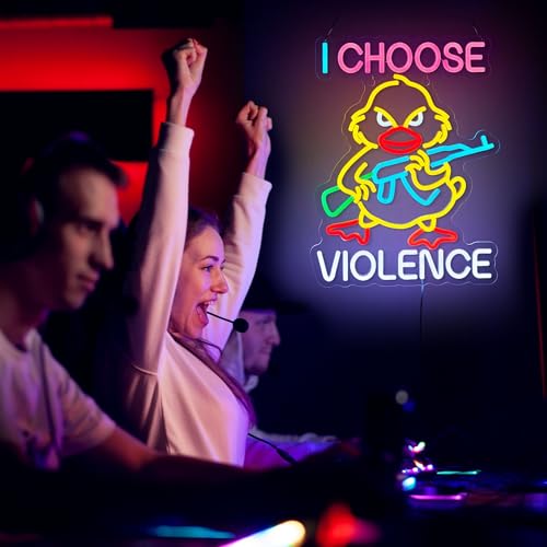 Image of I Choose Violence Duck Neon Sign Goose Gun LED Light AK 47 Decor, USB Powered Dimmable Morale Art Signs for Pub Store Man Cave Room 16.5 X 12.6 inch