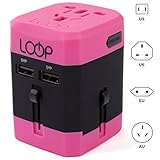 LOOP World Adapter Plug, Worldwide Travel Adapter Charger [US UK EU AU CN] w/ Dual USB Charging Ports & Universal AC Socket - Safety Fused (Pink)