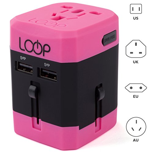 LOOP World Adapter Plug, Worldwide Travel Adapter Charger [US UK EU AU CN] w/ Dual USB Charging Ports & Universal AC Socket - Safety Fused (Pink)