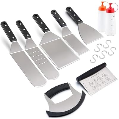 Leonyo Griddle Accessories Set of 9, Stainless Steel Grill Metal Spatula, Griddle Tools for BBQ Flat Top Cast Iron Cooking Camping, Dishwasher Safe, 5 S Hooks