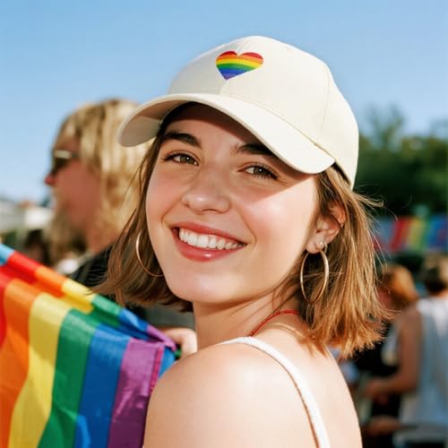 Image of LGBT Pride Baseball Hat, Embroidered Rainbow Heart Hat, Adjustable Gay Lesbian Love Cap for Men Women