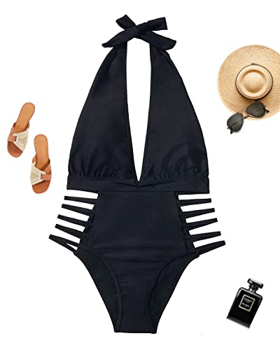 Aqua Eve Women Sexy One Piece Swimsuits Halter Plunge V Neck Cutout Bathing Suits Black Medium #TOP4