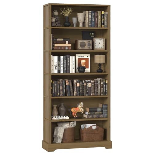 TVU 6 Tiers Wooden Bookshelf, 77.2" Tall Farmhouse Style Open Bookcase, 31.5" Wide Standing Book Shelf with Storage for Study Room, Living Room, Teak
