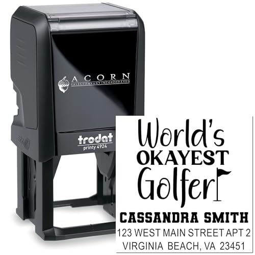 Image of Okayest Golfer Self Inking Rubber Stamp - Return Address Stamper | Quick Impression Stamp. Choice of 11 ink colors. Golf Player Stamp. Laser-cut lettering. Built-in refillable pad.