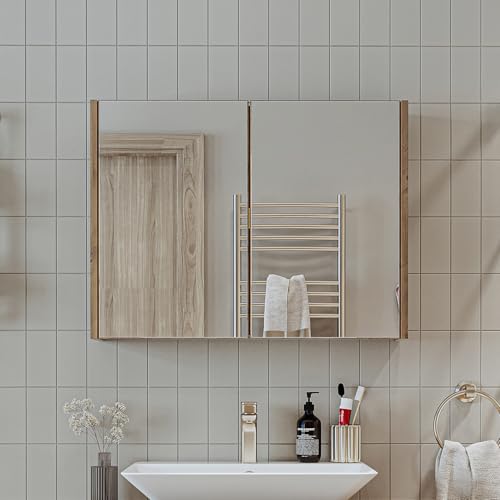 ROOMART • Badezimmermöbel Set • Atlantic • 4 Teilig Badezimmerschrank • 100 cm Unterschrank mit Keramikwaschbecken • Spiegelschrank • Hochscrank (Anthrazit Eiche, Spiegelschrank)