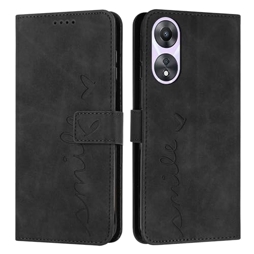 Étui Oppo A58 noir en cuir avec motif en relief et fentes pour cartes bancaires