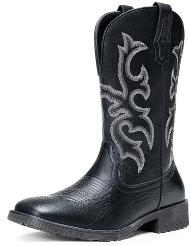 Image of Jousen Cowboy Boots for Men - Western Boots Square Toe, Embroidered Detail & Easy Side Zipper | Slip-Resistant with All-Day Comfort (AMY8429 black 09.5)