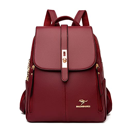 Mochila Feminina de Couro PU Antifurto Moda Simples Mochila Pequena Impermeável Vintage E Versátil Casual Bolsa Viagem Multiuso (Vermelho)