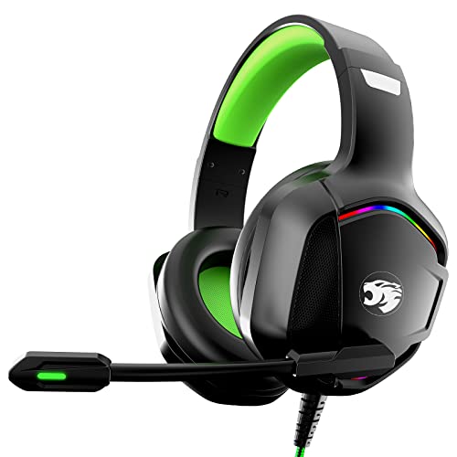 Gaming Headset with Microphone for Pc, Xbox One Series X/s, Ps4, Ps5, Switch, Stereo Wired Noise Cancelling Over-Ear Headphones with Mic, RGB, for Computer, Laptop, Mac, Nintendo, Gamer (Green)