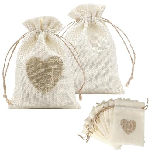 10 Sachets en Toile de Jute Motif de Coeur - Petits Sacs 10 x 14 cm - Sacs en Coton avec Cordon - Sachet Dragees Bapteme - Boite Dragees Mariage - Pochette...