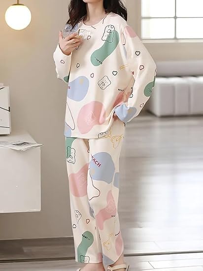 Image of Women's Pajama Set with Top & Pants|| Korean Night Wear|| Loose Fit Home Wear || Lightweight Printed Set || Soft & Comfy Girls & Women