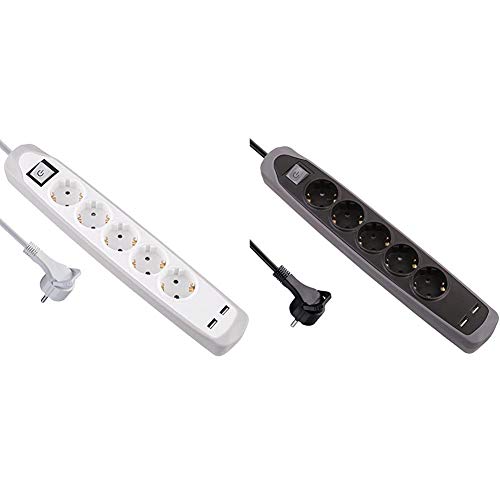 Electraline Gummy 62159 Regleta Base 5 Enchufes y 2 USB 2.1A - Cover de Silicona - Cable 2 m Clavija Plana + Gummy 62156 Regleta Base 5 Enchufes y 2 USB 2.1A - Cover de Silicona