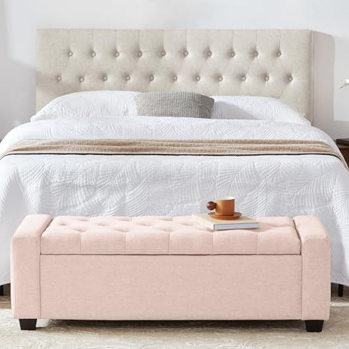 Image of Huatean Home 48 inch Ottoman with Storage, Pink Storage Ottoman Bench with Safety Hinge, Upholstered Entryway Bench with Seating for Bedroom, Living Room, Holds up to 330 lb