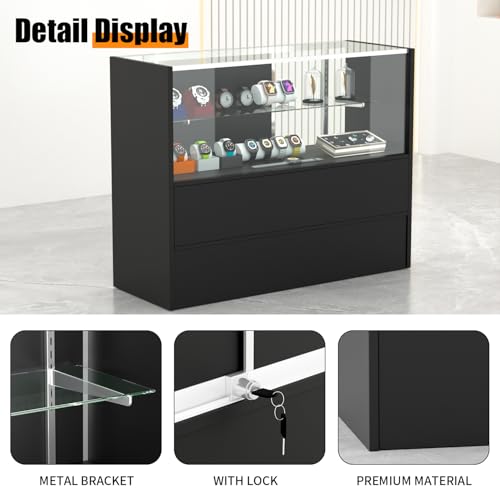 48\" W x 18\" D x 38\" H -Black Display Showcase Cabinet with LED Lighting – 4ft Half Vision Retail Glass Display Case, Sliding Locking Doors and Storage Shelves - Thumbnail 6