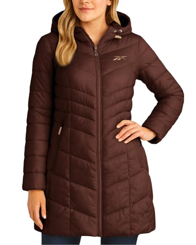 Reebok Womens Long Puffer Coat - Midweight Long Parka Length Quilted Snow Winter Jackets for Women (Also in Plus Size 1X-3X), Size Medium, Truffle